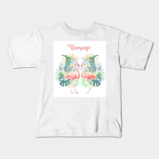 Lovely Fairy Tale For Two Flamingo Tropical Flowers Watercolor Kids T-Shirt